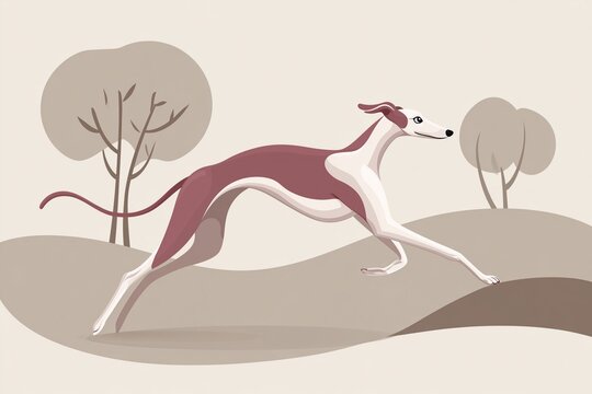 Whippet running in minimalist landscape, graceful sighthound illustration