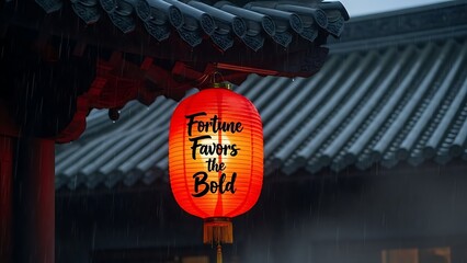 Traditional red lantern hanging from temple roof in rain with fortune favors the bold message