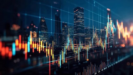 City skyline with financial charts overlay - Powered by Adobe
