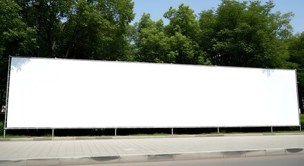 Wide blank white billboard for outdoor advertising, offering a clear space for custom content, set against green trees and a blue sky