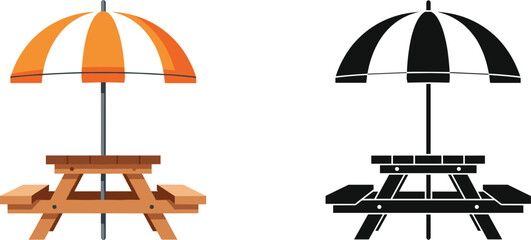 Picnic table with umbrella vector set featuring outdoor furniture colored and silhouette summer illustration © MdYeasin