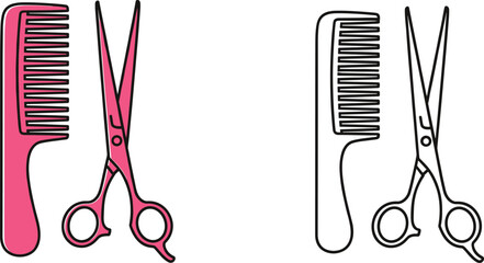 Hairdressing tools vector set featuring comb and scissors colored and outline salon grooming illustration