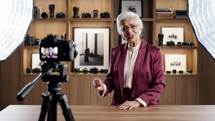 An older woman vlogs in front of cameras and photography equipment