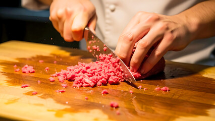 Close-up of chef chopping raw beef with knife on wooden cutting board in kitchen.