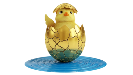 Yellow chick emerging from golden egg