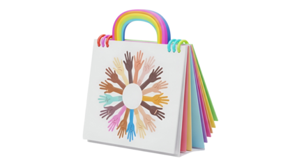 Colorful hands united under rainbow