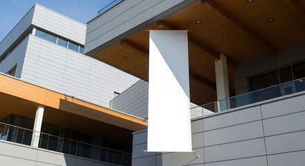 A blank white vertical banner hangs from the modern architectural facade of a contemporary building, providing a clear space for branding or messages