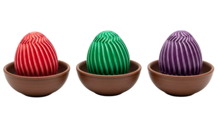 Colorful striped eggs in clay bowls