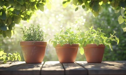 Fototapeta premium Rustic garden scene featuring clay pots filled with green herbs, placed on a wooden table with sunlight filtering through nearby foliage