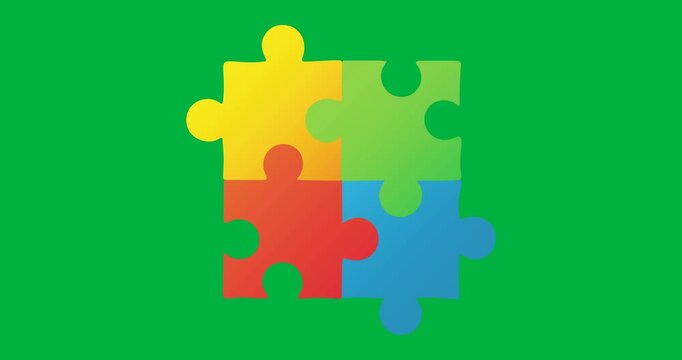 Animation of four multi coloured puzzle elements forming square Autism Awareness Month symbol