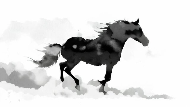 A horse is running in the air with its mane flying behind it. The horse is black. Zodiac horse silhouette in ink wash art, soft gradients, poetic eastern visual language, zodiac horse oriental art
