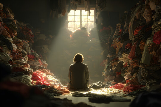 Woman hoarder looking at a room piled with clothing, Generative AI