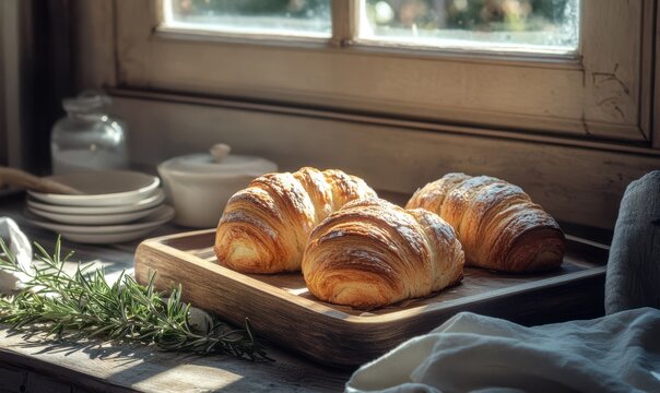 Rustic kitchen setup with freshly baked pastries, a wooden tray, and sprigs of rosemary, soft morning light enhancing warm tones, perfect for cozy home cooking, - Powered by Adobe