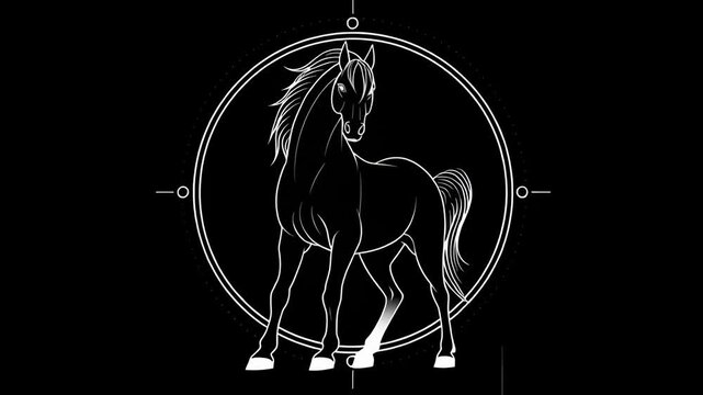 A horse is standing in the center of a circle. The horse is black and white. Zodiac horse simplified form, gentle contrast, calm symbolic energy, minimal zodiac horse art