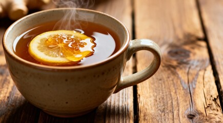 Ginger tea with honey and lemon in a cup on wooden table