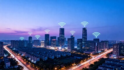 Nighttime cityscape with wireless signals