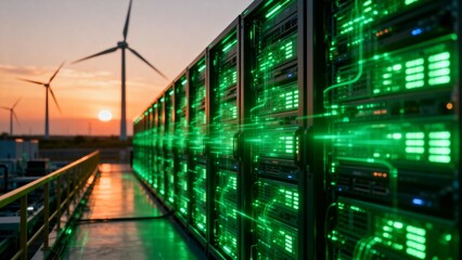 Server racks with wind turbines at sunset