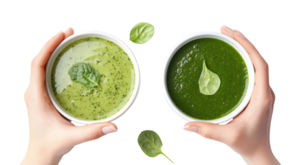 Spinach soup and green detox soup two bowls side by side healthy on transparent background
