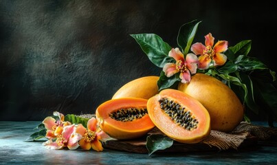Rustic still life of ripe papayas with tropical blossoms and leaves, warm natural light enhancing the vibrant colors and textures, inviting and exotic aesthetic,