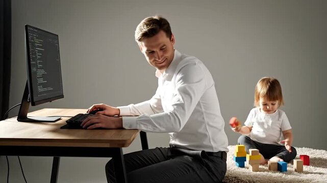 Man working on a computer while a toddler plays nearby, blocks and rug present