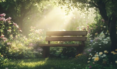 Rustic wooden bench in a flower-filled garden, soft sunlight filtering through the trees creating a peaceful outdoor retreat,