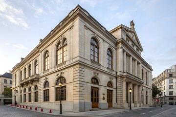 Obraz premium Elegant European classical architecture building with symmetrical stone façade, arched windows, detailed cornices and refined proportions in soft natural daylight - AI Generated