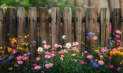 Rustic wooden fence with vibrant wildflowers blooming in front, soft natural light enhancing vivid colors and textures, peaceful countryside vibe,