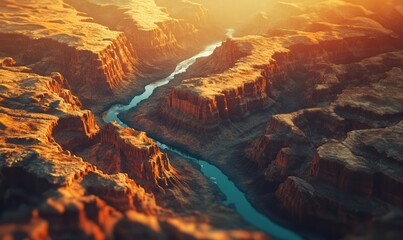 Scenic aerial view of a canyon with a river winding through it, golden sunlight illuminating the red rock formations, perfect for adventure and travel enthusiasts,