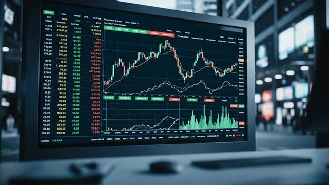 A computer monitor displays a stock market graph, in front of blurred urban backdrop