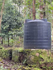 Black plastic water storage tank in forest setting, elevated rainwater harvesting system among trees and vegetation.