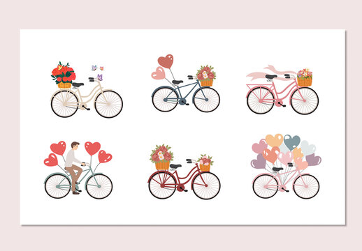 Valentine Romantic Bicycle Vector Illustration Set