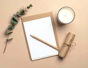 Stationery arrangement blank paper, pencil, candle, and scroll on a beige surface