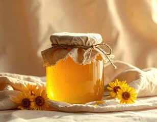Jar of golden, clear liquid with cloth covering, blossoms, light