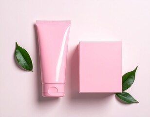 Pink skincare tube and box with green leaves on pastel background