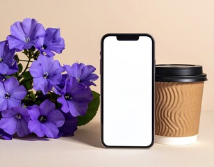 Smartphone with blank screen next to blue flowers & coffee cup