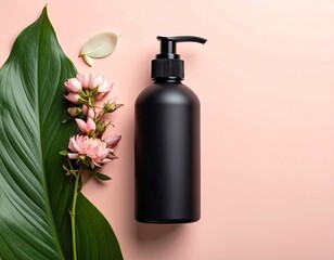 Black pump bottle with flowers and leaves on a pink background