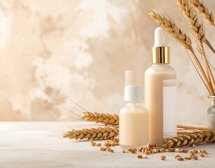 Skincare bottles with wheat against textured neutral background