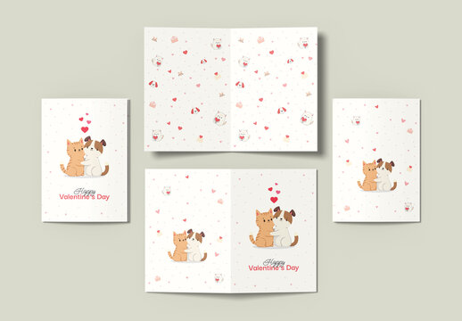 Cat and Dog Love Valentine&rsquo;s Day Greeting Card Vector with Cute Pattern Style