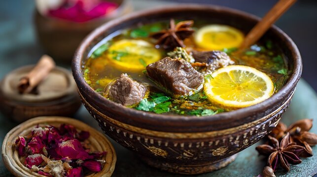 Traditional Pakistani Nihari Soup with Meat and Spices on Wooden Bowl