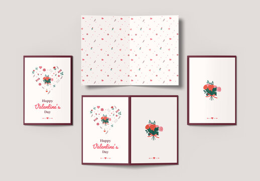 Happy Valentine&rsquo;s Day Greeting Card with Floral Bouquet and Cute Seamless Pattern Style