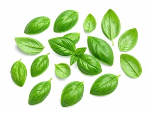 Fresh, vibrant green basil leaves scattered on a clean white surface