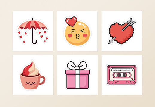 Cute Valentine's Day Sticker Collection with Romantic Icons and Love Symbols