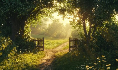Scenic countryside path with a wooden gate leading to a lush green meadow, golden sunlight streaming through the trees creating a nostalgic rural vibe,