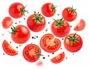 Fototapeta premium Red tomatoes and slices float with peppercorns on white background