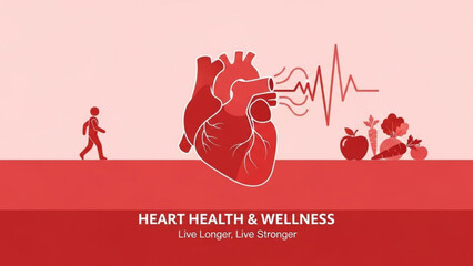 Heart health and wellness illustration with human heart and healthy foods
