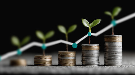 Depicting the ascent of financial growth, this conceptual image presents a stack of coins each topped with a young plant, all linked by a rising line graph.