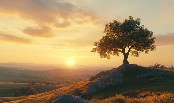 Scenic countryside view with a single oak tree on a rolling hill, soft golden light at sunset creating a peaceful rural landscape,