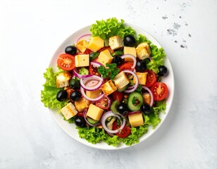 Colorful salad on white plate; cubed cheese, olives, and veggies