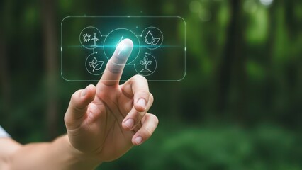 Renewable Energy Concept: Hand Touching Futuristic Interface with Icons for Solar, Wind, Hydro, and Biomass Power in Nature.