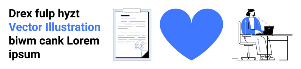 Office work, remote tasks, administrative focus, creativity, digital processes, personal connections. A document, a heart symbol and a person at a desk with a laptop. Office work and remote tasks